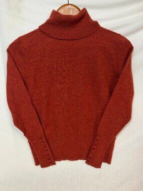 Tweeds Turtleneck Sweater Medium M Rust Orange 100% Merino Wool Button Cuff Fall